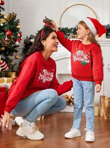 SHEIN 女童针织宽松圣诞图案圆领休闲卫衣（2件装，分开出售）母女装 - 紅色 - 查看 1