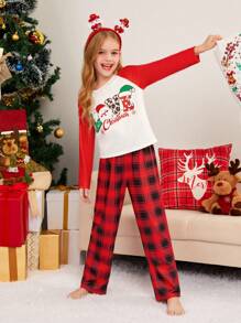 SHEIN Leap Crew 少女中碼針織聖誕印花色塊raglan上衣和格紋褲子兩件套家居服裝 - 紅色 - 查看 5