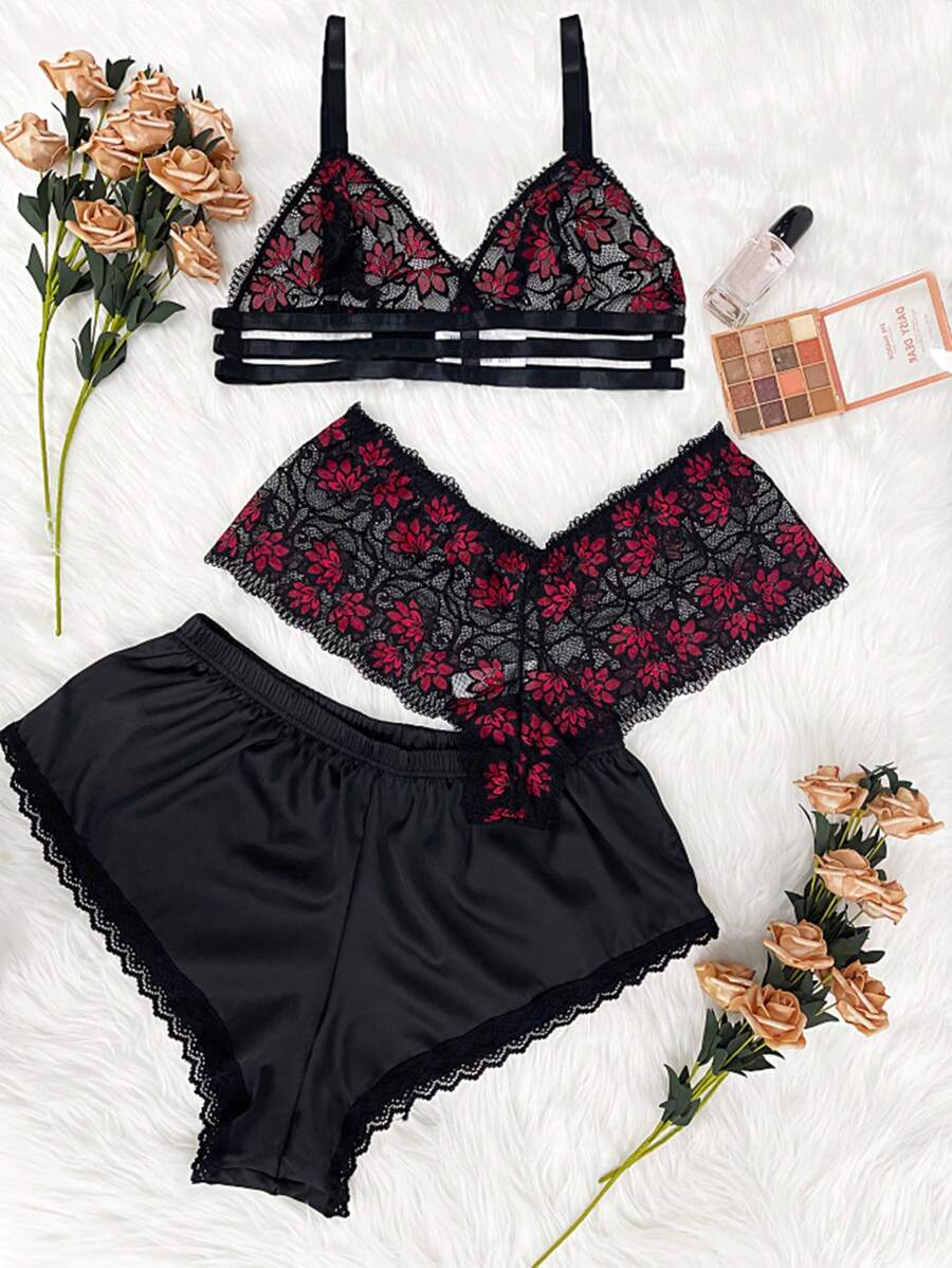 Classic Sexy Plus Floral Lace Lingerie Set With Satin Shorts - Black - View 1