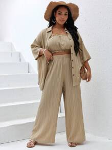 SHEIN VCAY 加純色抹胸和寬褲和落肩襯衫 - 卡其色 - 查看 2