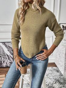 SHEIN LUNE 高领落肩不对称下摆针织套头衫秋冬毛衣 - 駝色 - 查看 4