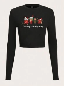 SHEIN EZwear In Giáng sinh Áo phông Crop - màu đen - Xem 1