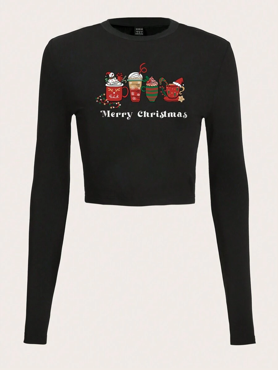 SHEIN EZwear In Giáng sinh Áo phông Crop - màu đen - Xem 1