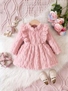 Bebé niña Vestido ribete con fruncido de peluche sin bolso - Rosa - Ver 3