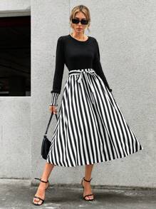 SHEIN Clasi Solid Tee & Striped Belted Skirt - Multicolor - View 5