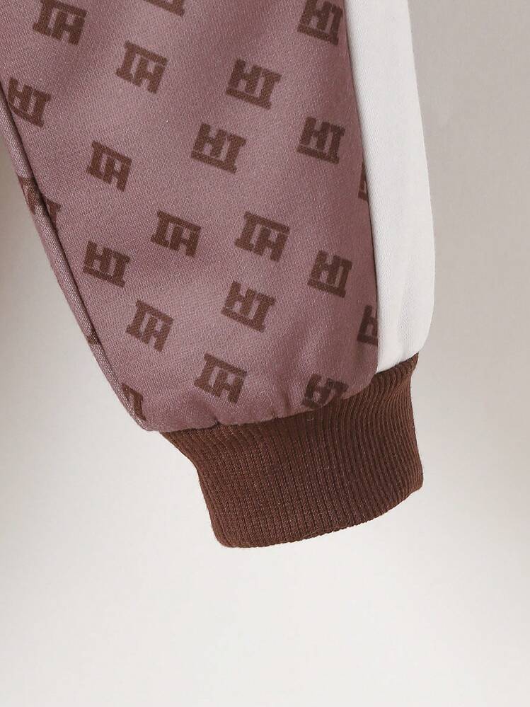 Bebé niño Cazadora con estampado con costura lateral en contraste con pantalones deportivos - Café integral - Añade 8