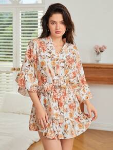 印花荷葉袖荷葉邊腰帶休閒服睡袍 - 彩色 - 查看 6