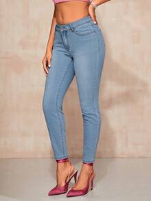 SHEIN BAE Slant Pocket Skinny Jeans - Blue - View 4