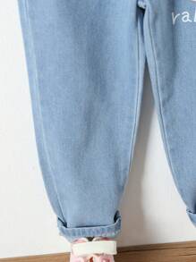 Young Girl Rabbit & Letter Graphic Paperbag Waist Jeans