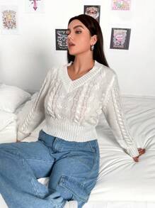 Flirla 加大码麻花针织套头衫秋冬毛衣 - 白色 - 查看 6