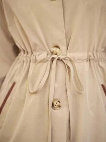 SHEIN Frenchy Contrast Collar Drawstring Waist Slant Pocket Coat - Khaki - View 5