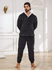 Men Contrast Trim Teddy PJ Set - Multicolor - View 6