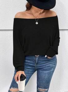 SHEIN Essnce Plus Off Shoulder Batwing Sleeve Tee - Black - View 6