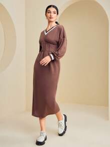 Seusyu Vestido sudadera ribete de rayas de hombros caídos - Marrón Mocha - Ver 3