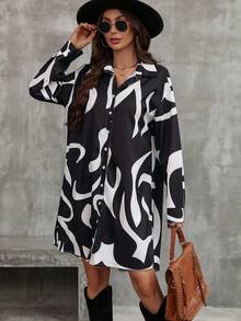 EMERY ROSE In Đồ họa Thả vai Váy sơ mi - Đen và trắng - Xem 4