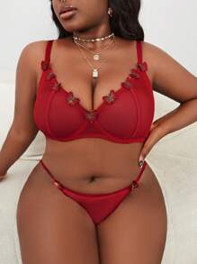 大碼蝴蝶貼花網紗鋼圈內衣套裝 - 紅色 - 查看 1