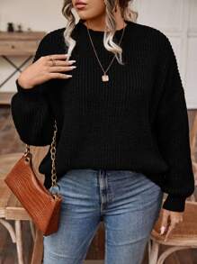 SHEIN LUNE 大碼落肩袖條紋針織套頭毛衣 - 黑色 - 查看 5