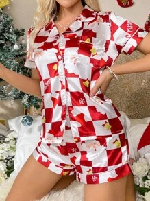 Christmas Santa Claus & Checker Print Contrast Piping Satin PJ Set - Multicolor - View 1