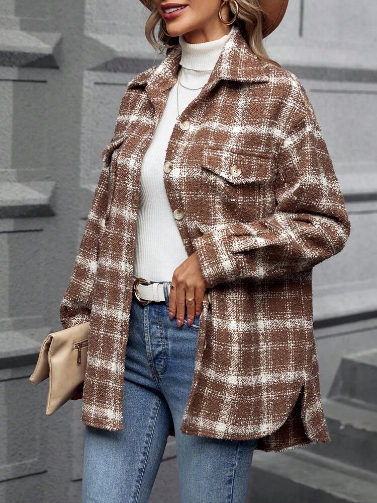 Plaid Print Drop Shoulder Flap Pocket Overcoat