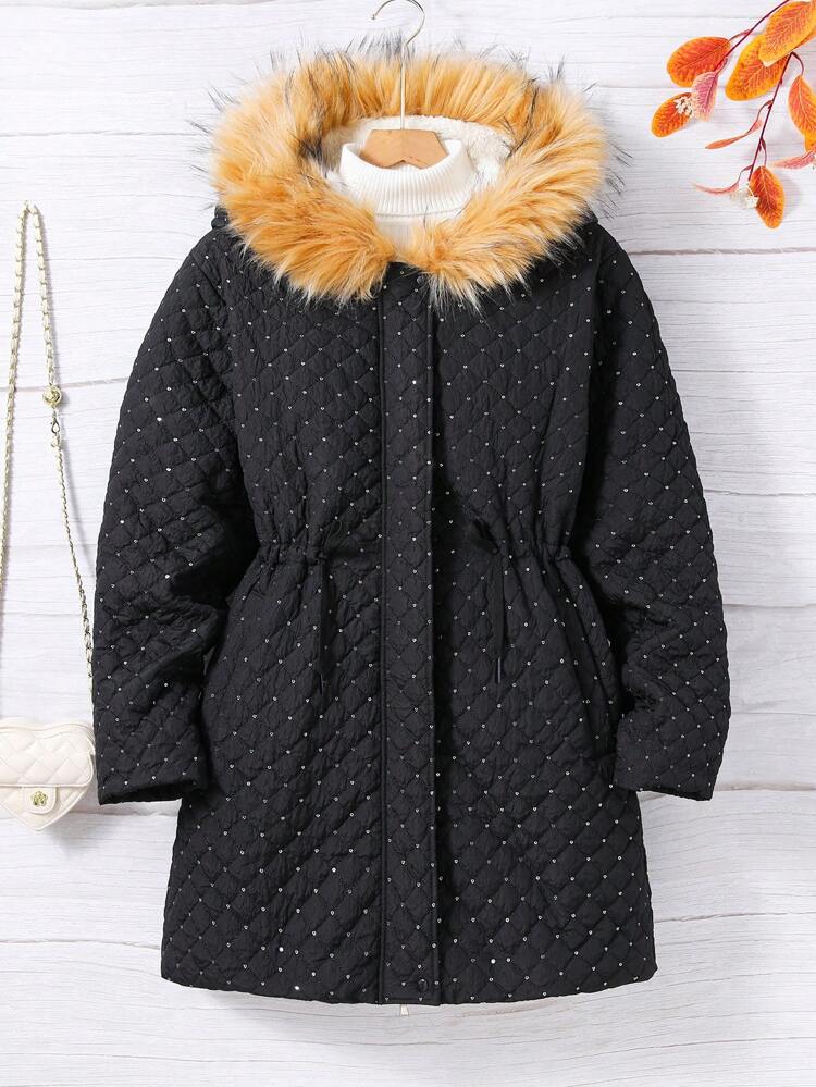 Teen Girl Fuzzy Trim Hooded Quilted Parka Coat Without Sweater