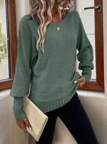 SHEIN LUNE 船领蝙蝠袖毛衣，女士春秋休闲长袖宽松薄荷绿蝙蝠袖套头衫，女式针织套头衫，秋冬毛衣 - 薄荷綠 - 查看 6