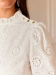 SHEIN Frenchy Frill Trim Eyelet Embroidery Button Detail Blouse - White - View 2