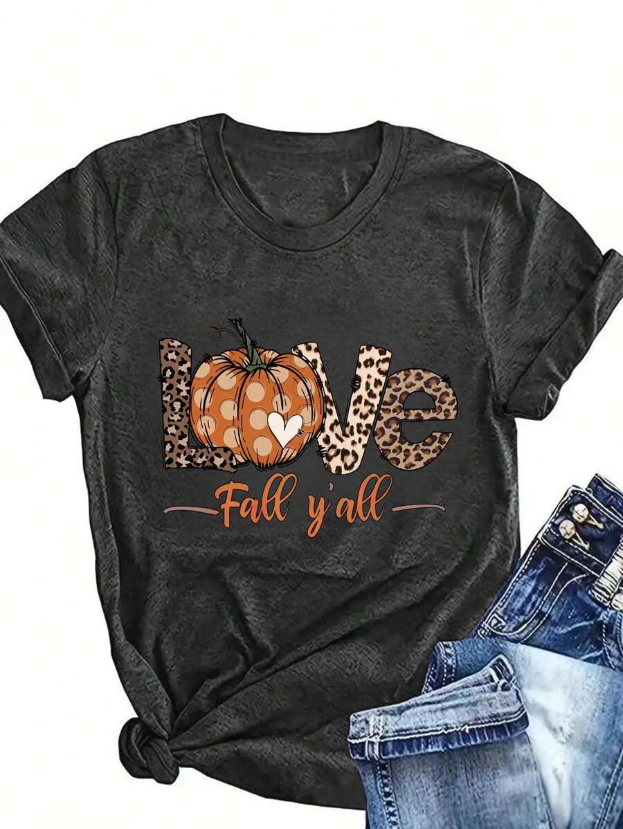 SHEIN EZwear Pumpkin And Letter Graphic Tee - Dark Grey - View 1