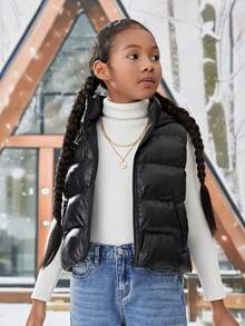 Tween Girl Zip Up Hooded Vest Padded Coat - Black - View 5