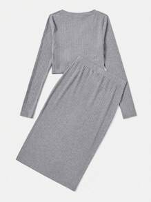 SHEIN EZwear Notched Neck Crop Tee & Split Thigh Skirt - Grey - View 2