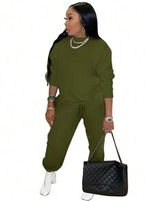 休閒純色女士兩件套 - 軍綠色 - 查看 1