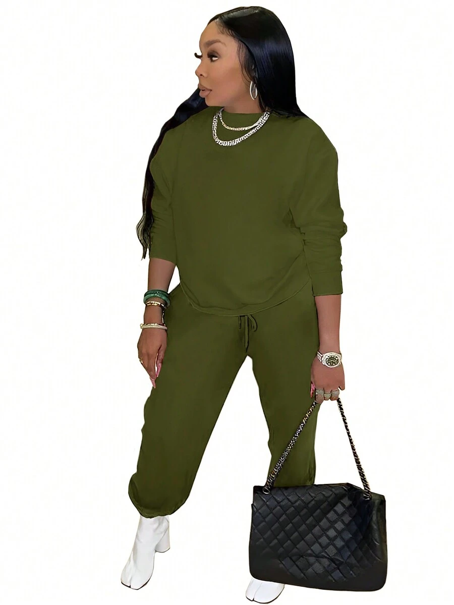 休閒純色女士兩件套 - 軍綠色 - 查看 1