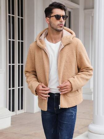 Men Zip Up Hooded Teddy Jacket