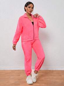 SHEIN Unity Thả vai Dây kéo Áo khoác & Quần - Màu Hồng Tươi - Xem 6