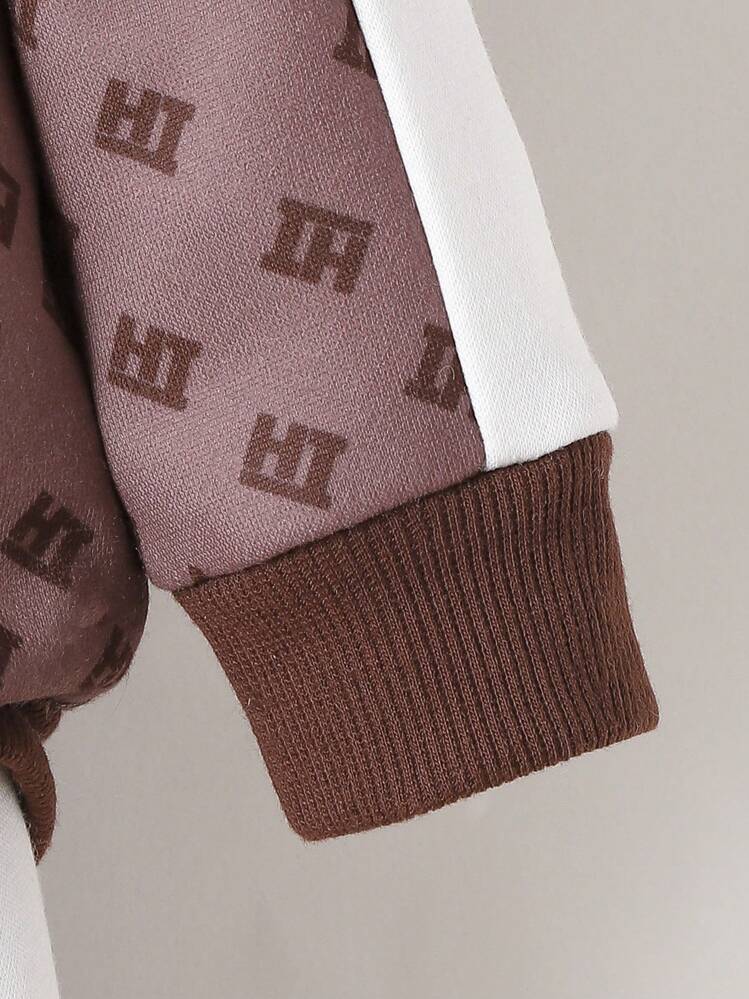 Bebé niño Cazadora con estampado con costura lateral en contraste con pantalones deportivos - Café integral - Añade 4