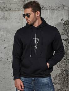 Manfinity Homme Men Plus Letter Graphic Kangaroo Pocket Drawstring Hoodie - Black - View 4