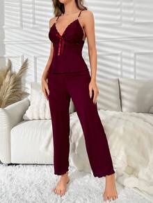 con encaje en contraste ribete en forma de lechuga Top de tirantes con pantalones Conjunto de pijama - Morado - Ver 6