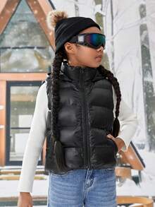 Tween Girl Zip Up Hooded Vest Padded Coat - Black - View 3