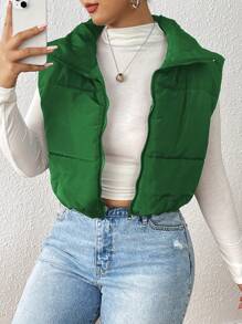 SHEIN EZwear Hơn Dây kéo Mùa vụ Áo gi lê Lông vũ - Màu xanh lá cây đậm - Xem 6