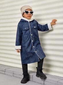 SHEIN 男小童翻蓋口袋毛絨內襯牛仔效果印花連帽外套 - 藍色 - 查看 4