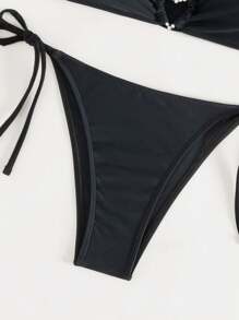 Swim EVENT Summer Beach Ring Linked Cut Out Bikini Set With Cover Up - Black - View 5