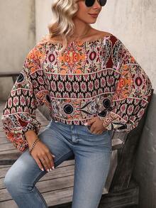 SHEIN Clasi Allover Print Off Shoulder Lantern Sleeve Blouse - Black - View 4