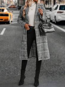 SHEIN LUNE Plaid Lapel Collar Open Front Overcoat - Grey - View 3