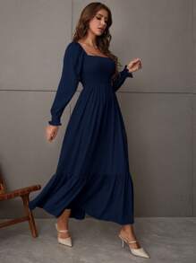 Breezaya 女式方领荷叶边下摆长裙度假海滩装 - 藏蓝色 - 查看 5