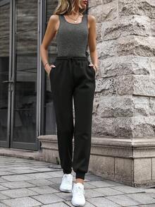 SHEIN LUNE Thermal Lined Zip Up Hoodie and Sweatpants and Tank Top - Black - View 4