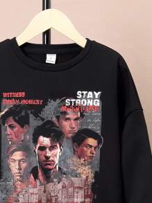 SHEIN Tween Boys Slogan & Figure Graphic Drop Shoulder Thermal Lined Sweatshirt - Black - View 4