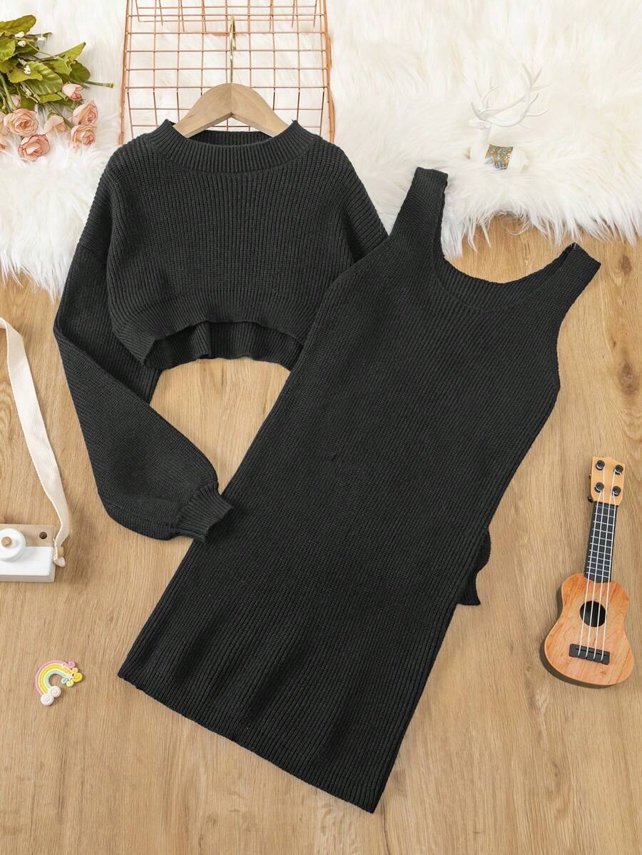 SHEIN Tween Girl Drop Shoulder High Low Hem Sweater & Ribbed Knit Tank Dress - Black - View 1