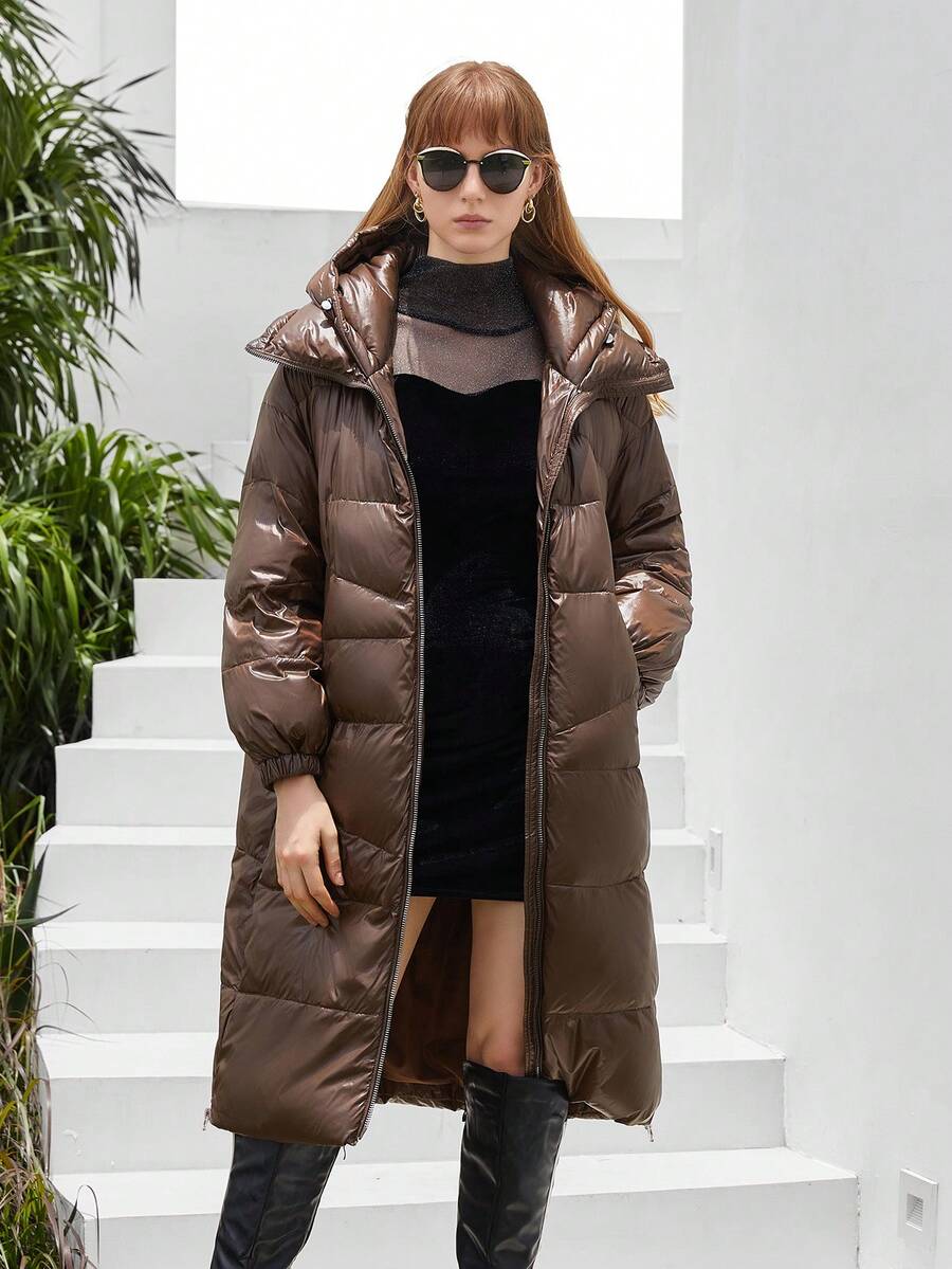 ZIAI Zip Up Hooded Down Coat - Camel - View 1