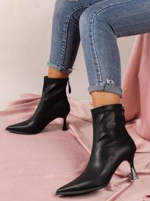 Women's Shoes Pointed Toe Stiletto High Heel Fashion Black Boots, Simple Workwear Autumn Classic Leather Ankle Boots With Back Zipper For Winter,Boots For Women,Kitten Heels - Black - View 4
