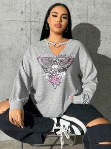 SHEIN EZwear 大碼骷髏&翅膀印花鎖眼領口落肩袖運動衫 - 灰色 - 查看 1