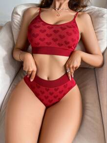 Yoga Heart Print Bra & Panty Lingerie Set Bridal Lingerie, Christmas - Red - View 5